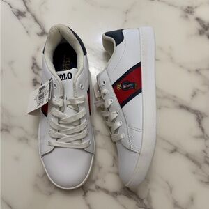 Polo Ralph Lauren White Leather Sneakers with Red & Navy Stripe
